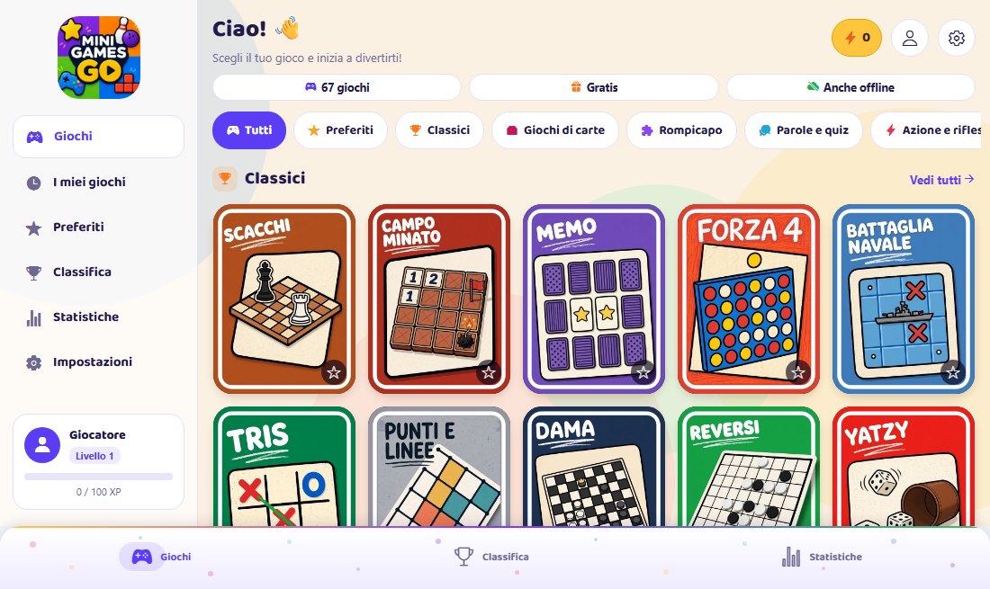 La schermata iniziale di Mini Games GO